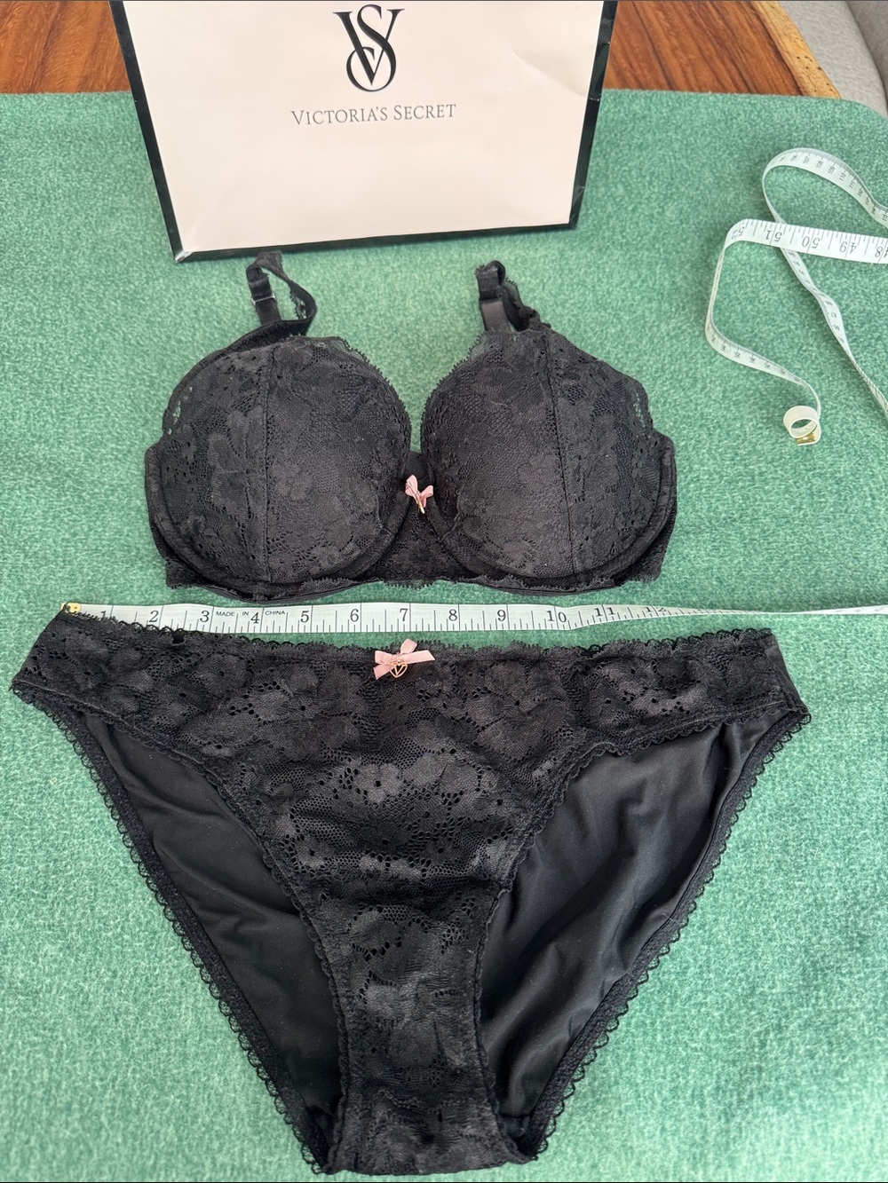 Victoria's Secret Black Lace Bra and Bikini Set with Pink Bows